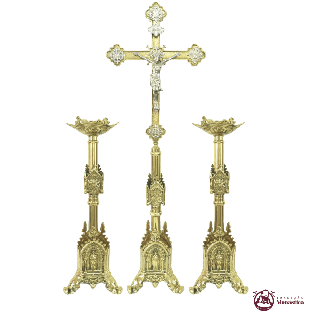 Conjunto de Castiçal de Vela e Cruz para Altar - Gótico - 3pçs Bronze - 1